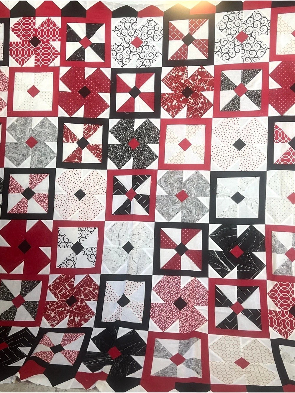 Red Black and White Geometric Patchwork Quilt TOP